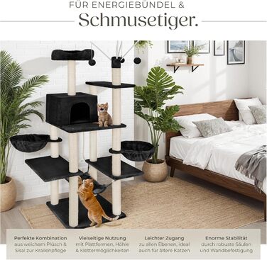Тектейк® XXL Драбина-кіготь для котів, велика, з аксесуарами: лежанки, гамак, будиночок, іграшки, мотузка з сизалю, ствол для шліфування, кіготь для котів, драбина-кіготь для котів. Висота приблизно 165 см - сірий (Чорний | № 402933)