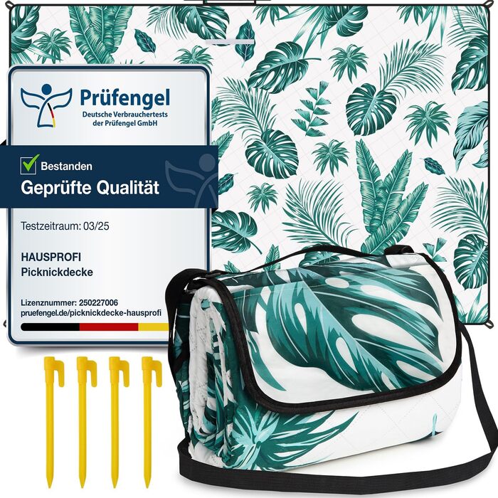 Плед для пікніка HAUSPROFI 200x300 см, водонепроникний, ізольований, XXL. Для пікніка, пляжу, кемпінгу. Бавовняна підкладка, ручка для перенесення, кілочки. Зручний, миючий, тримає форму. Зелений рослинний принт.