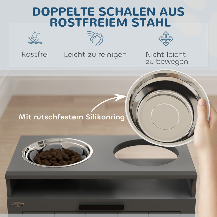 PawHut Large Dog Feeding Station with 2 Stainless Steel Bowls, Drawer, and Pet Food Dispenser - MDF, Steel, Gray