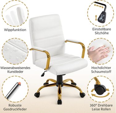Офісне крісло Yaheetech з ергономічною спинкою, поворотне, з роликами та підлокітниками, до 130 кг, білий/золотий