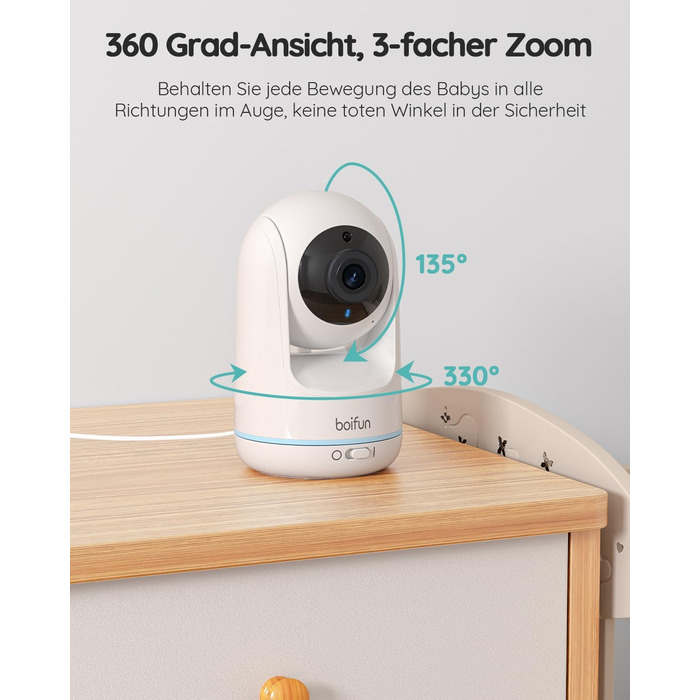 BOIFUN Дитячий відеоняня з камерою, 5' 720P IPS, без Wi-Fi, нічне бачення 360°, датчик шуму/температури, двосторонній зв'язок, радіус дії 300м, Plug & Play, акумулятор 3050mAh, колискові