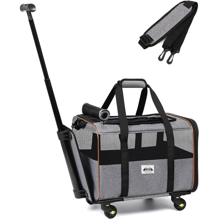Транспортна переноска для собак та котів з колесами, сірого кольору. З телескопічною ручкою та ременем на плече.