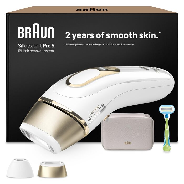 Braun Silk·expert Pro 5 IPL – апарат для епіляції в домашніх умовах, біло-золотий (2 насадки + тример для обличчя), Німеччина