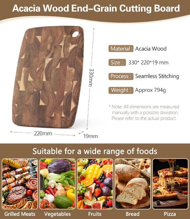 XINZUO 33 * 22 * 1.9cm Acacia Wood Brainwood Cutting Board, Double-Sided, Wooden Board Kitchen Chopping Boards, Serving Board, Bread & Snack Board, Breakfast Board for Bread, Cheese, Meat, Vegetables