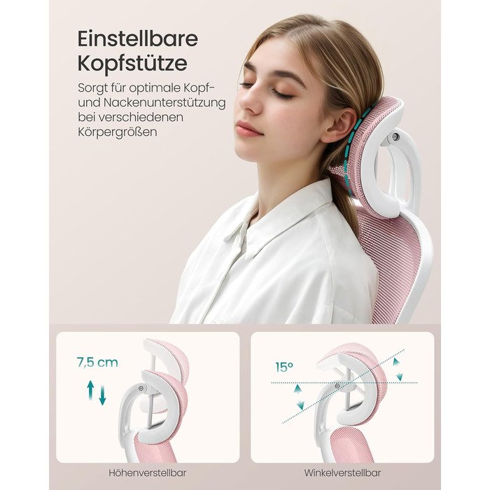 Офісне крісло SONGMICS з ергономічною спинкою, сіткою, підтримкою попереку та голови, функцією гойдання, сидінням 53 см, відкидними підлокітниками, для офісу та спальні, студентів, OBN37BK (Bonbon-рожевий, повна спинка)