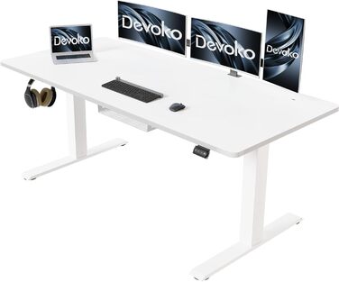 Електричний стіл Devoko, регульований по висоті, 140x60 см, з кабель-каналом, пам'яттю на 2 позиції, ергономічний стіл для роботи стоячи та сидячи, білий колір