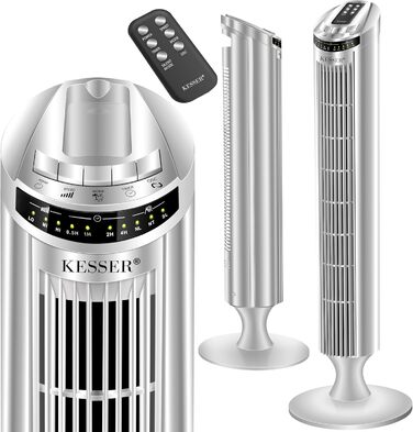 Турбо вентилятор KESSER® з пультом керування | 90° кут осциляції | 3 швидкості | 90 см | Таймер | Turbo функція | Стовпчастий вентилятор | Сріблястий колір