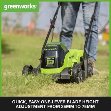 Акумуляторна газонокосарка Greenworks 24V, безщітковий двигун, 33 см, для газонів до 140 м², 30-літровий травозбірник, комплект з акумулятором і зарядним, 3 роки гарантії