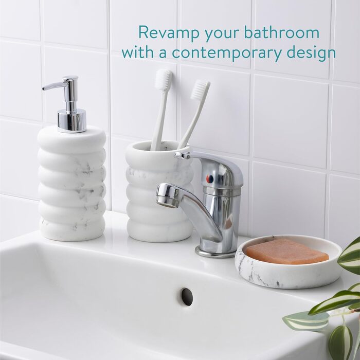 Набір для ванної кімнати Navaris: дозатор мила, стакан для зубної пасти, 3 предмети. Аксесуари для ванної кімнати з штучного каменю (білий)