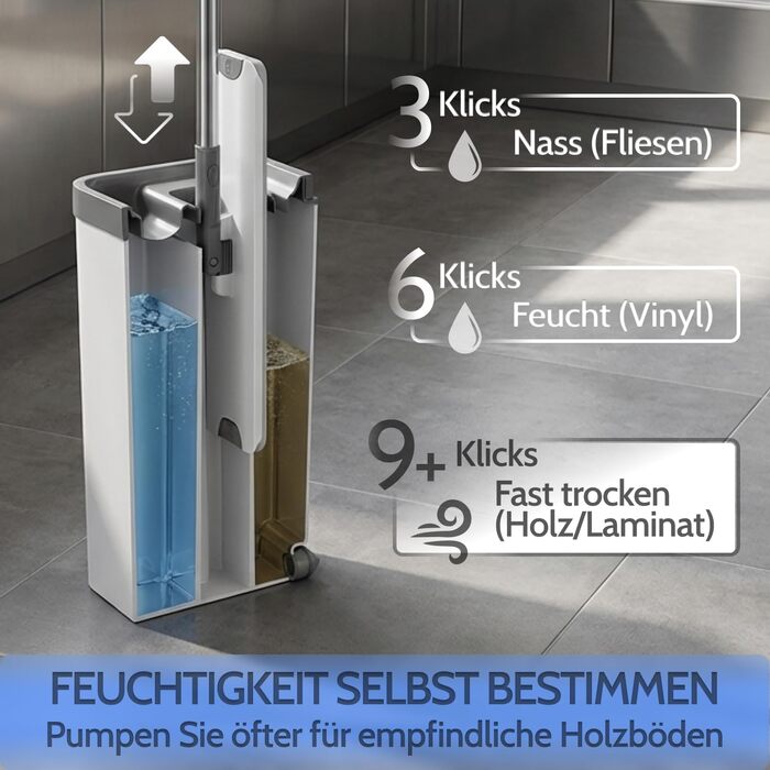 Набір для прибирання Allyson: швабра з відром, 3-камерна система очищення та 5 мікрофібрових насадок