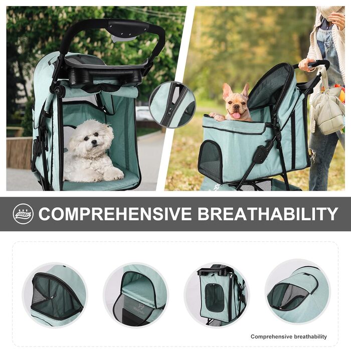 Дитяча коляска для тварин, складна, для котів/собак, з кошиком для зберігання та тримачем для напоїв, 3 колеса, для собак та котів, для маленьких або середніх собак, котів, цуценят (Блакитно-зелений)