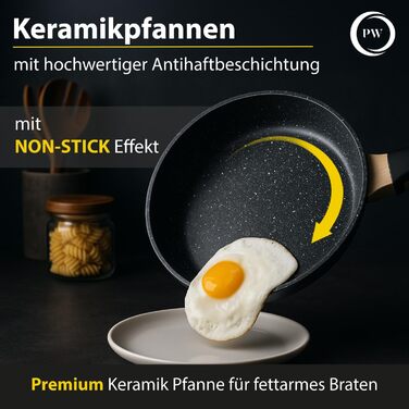 Набір сковорідок Pela Welle® Induktion, 5 предметів: 3 сковороди з покриттям та 2 кришки, чорний колір | Сковорода для індукційної плити, керамічне покриття, без PFOA, PFAS, PTFE