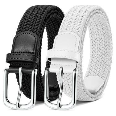Набір з 2 еластичних плетених ременів для жінок та чоловіків – регульовані, 3,3 см, довжина 100-120 см (Чорний + Білий, довжина 110 см)