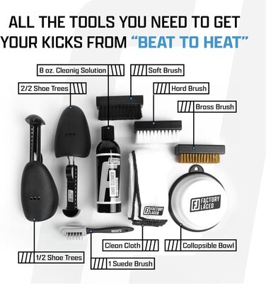 FACTORY LACED Shoe Cleaner Sneaker Kit - The ultimate sneaker cleaning experience including 240ml shoe cleaner, 4 shoe brushes, 2 shoe shapers, and a microfiber cleaning cloth