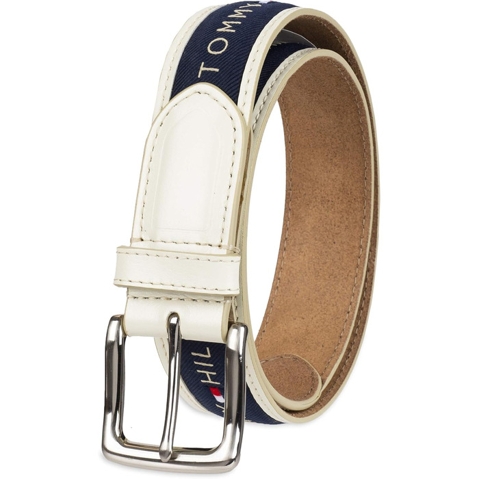 Чоловічий шкіряний ремінь Tommy Hilfiger з вставкою з тканини та класичною пряжкою (1 шт., 30 мм, кремовий з синьою вставкою)