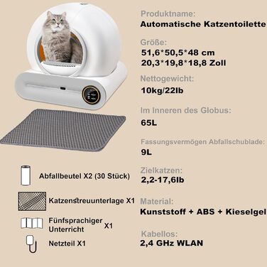 Автоматичний лоток для котів XQDKoon, 65л, самоочищення, з мішками для сміття та килимками, керування через додаток, моніторинг здоров'я, для кількох котів, білий