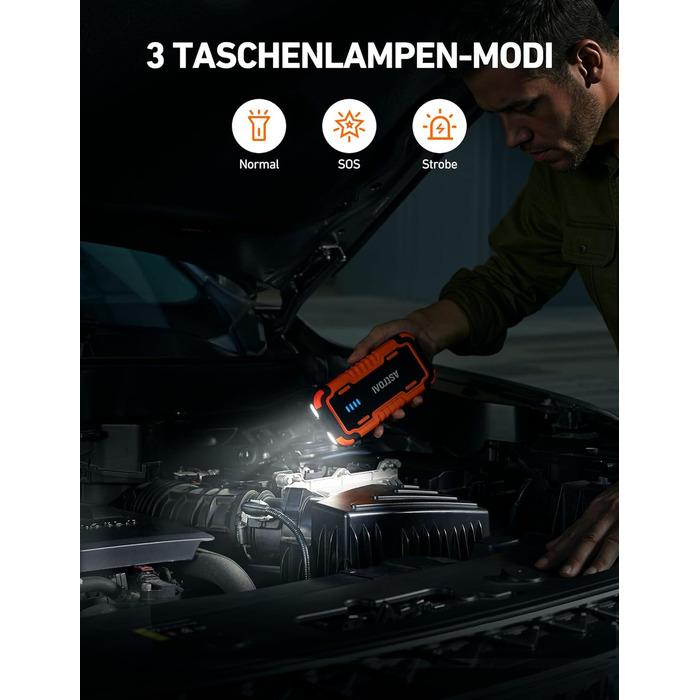 Powerbank AstroAI P10 для авто: пусковий пристрій, 10L бензин/8L дизель, 12V, LED, Orange