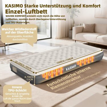 Надувний матрац KASIMO TPU самонадувний 1-місний з електричним насосом та подушкою, 190x90x22 см для дому та кемпінгу