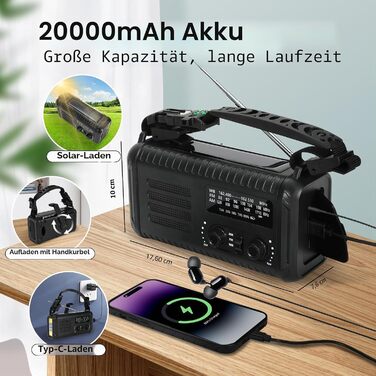 Радіо на сонячних батареях з ручним заводом 20000mAh Notfallradio, AM/FM, ліхтарик, SOS-сигнал, зарядний пристрій для телефону (Чорний)