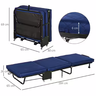 HOMCOM Folding Guest Bed 2-in-1 with Adjustable Headrest and Wheels, Steel Frame, Foam, Blue 184x65x26cm for Flexible Sleeping