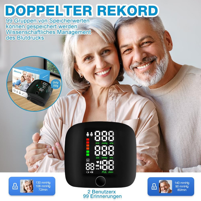 Тонометр на зап'ясті ADDLIVE Digital - точний вимір артеріального тиску з LCD-дисплеєм та пам'яттю на 99 показників, автоматичне озвучування (німецька мова)