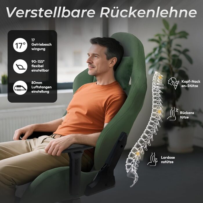 Ігровий крісло Dowinx з мікрофібри-велюру: дихаюче, ергономічне, з підніжкою (зелене)