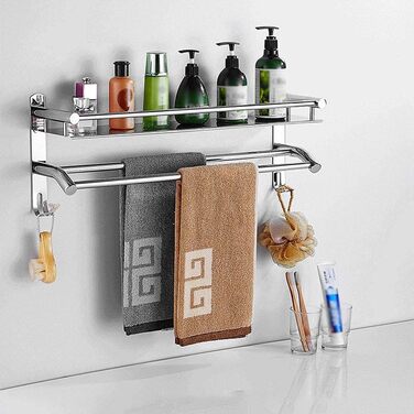 Тримач для рушників з полицею та гачками, хром, нержавіюча сталь, 59 см, для ванної кімнати, кухні, туалету