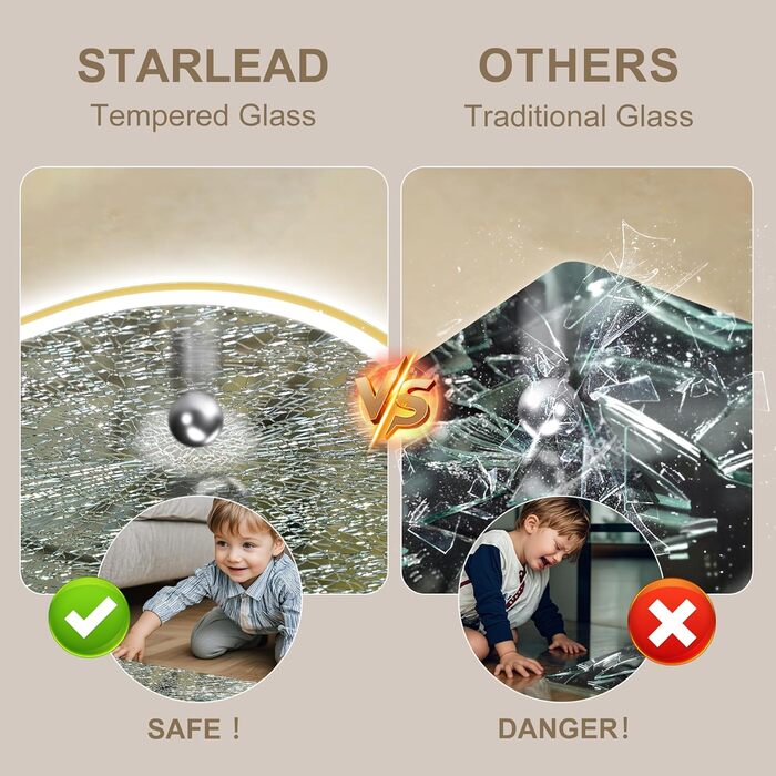 Дзеркало для ванної кімнати STARLEAD овальне LED з підсвічуванням 90x60 см, Bluetooth, диммер, 3 кольори світла, протитуманне покриття, функція пам'яті, HD скло, IP44, горизонтальне/вертикальне, без рамки, Munich Gold (Bluetooth)