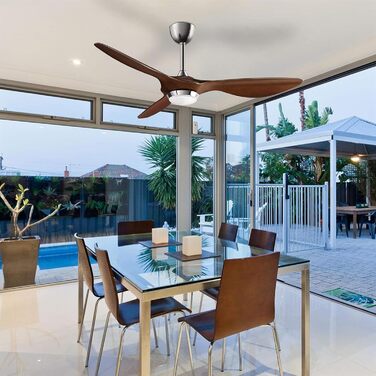 Стеляний вентилятор Reiga 132 см з LED-підсвічуванням та пультом керування, тихий реверсивний DC мотор, 6 швидкостей, керування через додаток, колір коричневий, лопаті з імітацією дерева