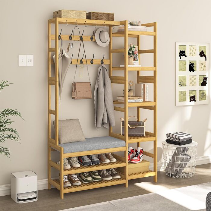 VIAGDO Wardrobe with Shoe Bench, Clothes Rack with 5 Storage Shelves, Wardrobe with Shoe Shelf, 10 Double Hooks, Entryway Wardrobe for Hallway and Bedroom 104x33x175 cm (104 x 33 x 175 cm)