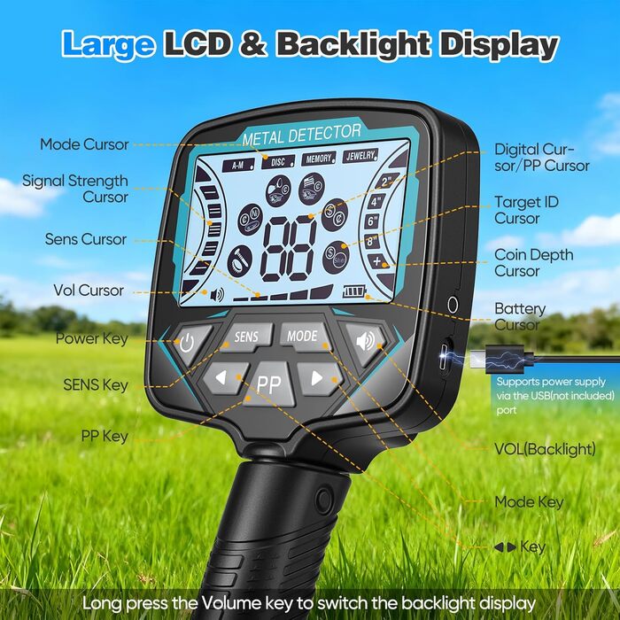 Металодетектор Profi з 5 режимами, для дорослих та дітей, водонепроникний IP68, LCD дисплей, чутливий, діаметр 26 см
