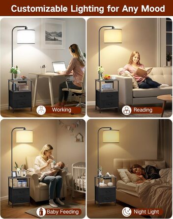 Стельова лампа для вітальні з поличкою та столиком, регульована LED, з пультом, 3 колірні температури, приліжний столик з підзарядкою та полицею, дерев'яний столик для спальні/офісу (сірий з шухлядами)