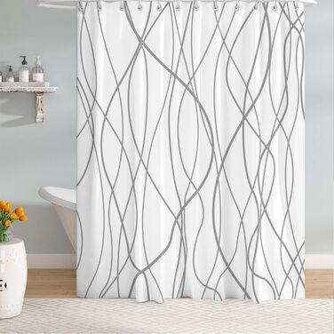 Шторка для душу M&W Design з поліестеру, з лініями, антигрибкова, водовідштовхувальна, біла, 180x200 см, з 12 C-кільцями, з обтяженим краєм