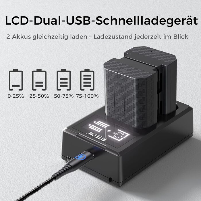 Акумулятор BTECH NP-FZ100 2600mAh (2 шт.) + Зарядний пристрій USB-C PD 18W для Sony A7 III/IV/R III/IV/V/C/S III/A9/A6600/A6700/FX3/FX30 (чорний)