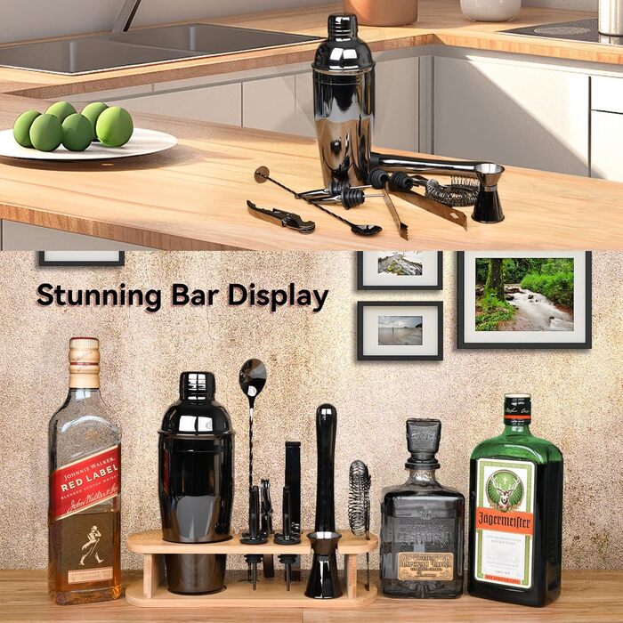 Набір для коктейлів з бамбуковим стійкою, 750 мл, 12 предметів. Професійний набір бармена з нержавіючої сталі для приготування коктейлів, з рецептами (сірий)