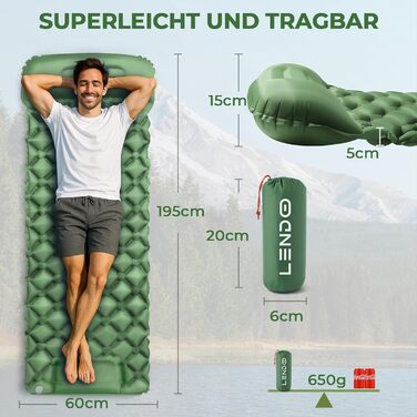Надувний килимок для кемпінгу самонадувний Ultraleichte 195x60 см з вбудованою подушкою та помпою, водонепроникний, зелений
