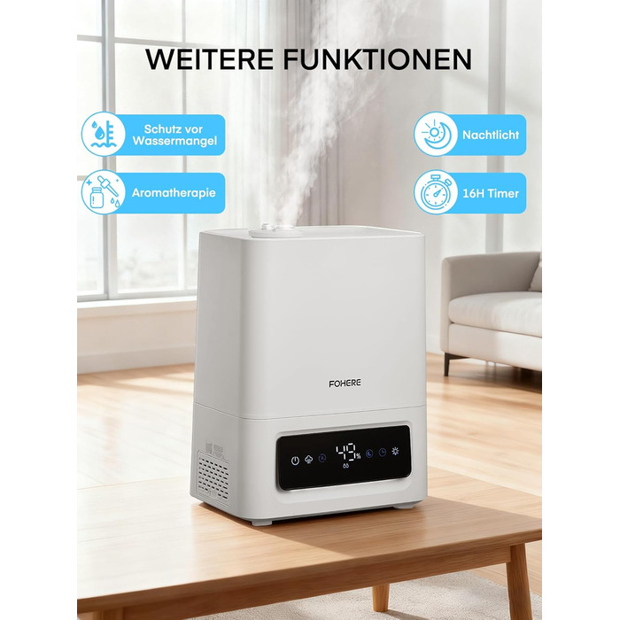 Зволожувач повітря FOHERE 6L для великих приміщень, 60 годин холодного туману, тихий зволожувач для дитячої кімнати, спальні, рослин, 28dB, точний датчик вологості, 16 годин таймер, аромадифузор, білий