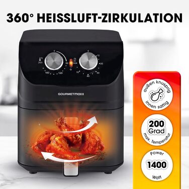Gourmetmaxx Hot Air Fryer 4 L | Air Fryer with Timer Function & Stainless Steel Heating Element | Practical Preheating & Keep Warm Function | Low Odor, Energy-Saving & Virtually Oil-Free | 1400 W Matte Black 4 Liters