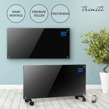 Електричний конвекторний обігрівач TRINITI з термостатом 2000W, скло, LED дисплей, таймер, захист від перекидання та перегріву, чорний