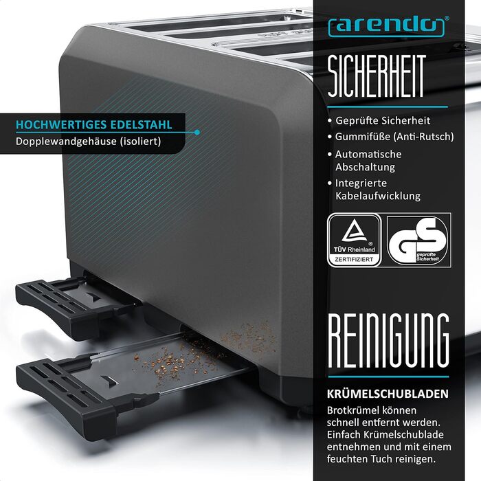Arendo - Automatic 4-Slice Toaster in Stainless Steel, toasting up to four sandwiches and toast slices, browning level 1-6, warming and defrost function, crumb tray, 1630 W, GS certified A: Cool Grey