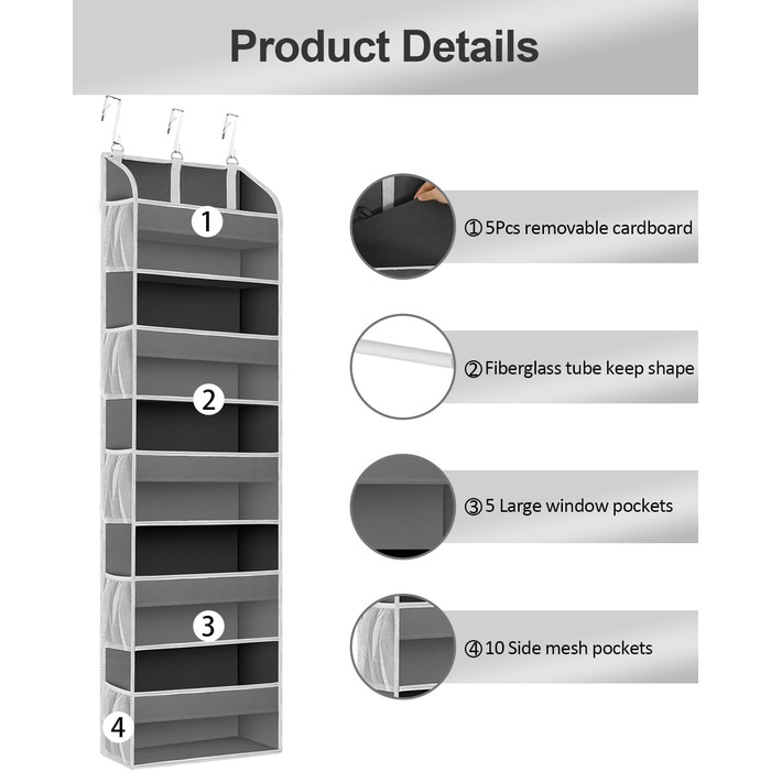Органайзер на двері 5-ти секційний складний темно-сірий (2 шт) для ванної, дитячої, кемпінгу - підвісний стелаж для зберігання