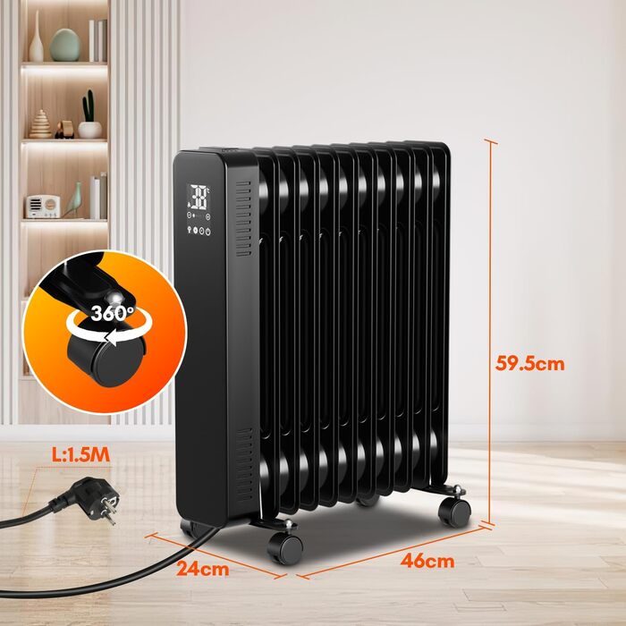 Масляний радіатор Sonnewelt 2500W з WiFi, термостатом та пультом, 11 ребер, чорний