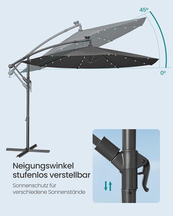 SONGMICS Patio Umbrella with LED Solar Lighting, Market Umbrella 300 cm Diameter, 32 LED Lights, with Stand, Sun Protection Balcony, Balcony Umbrella, UPF 50+, with Crank, for Terrace, Garden, Grey GPU118G01