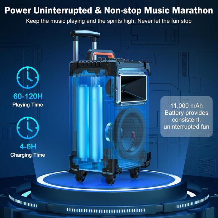 Караоке система JYX з 2 бездротовими мікрофонами, великим гучномовцем, Bluetooth, колесами та диско-світлом, сабвуфером PA, підтримкою TWS/USB/SD/AUX/Rec (Чорний)