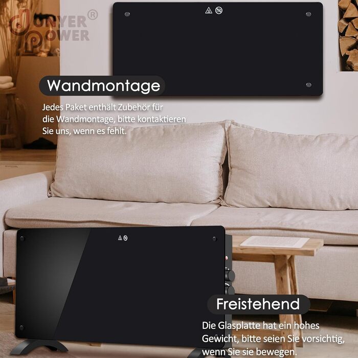 Конвектор DONYER POWER 2000W з склопанеллю, ультратонкий, настінний/підлоговий, чорний