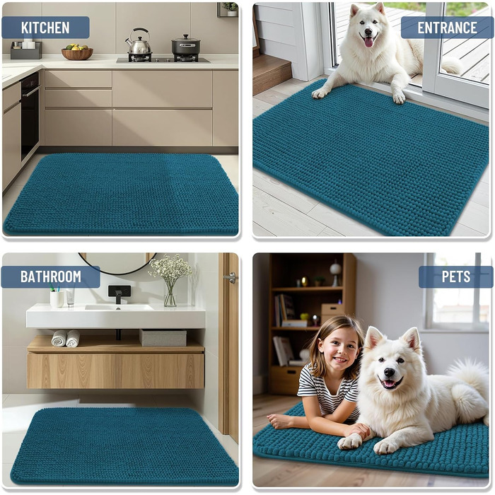Товстий килимок для ванної кімнати Homaxy з chenille, 61×120 см, протиковзкий та вологопоглинаючий килим для душу, сталево-блакитний