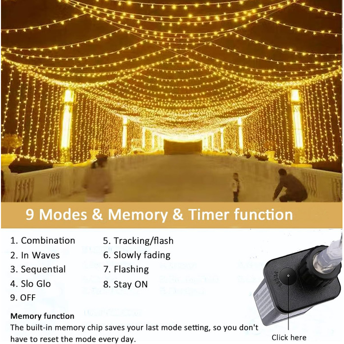 Лямпаденний завіс 6м x 3м, 600 LED, з вилкою, таймером, 8 режимів, вологостійкий, тепле світло. Ідеально для декору вікна, павільйону, саду, на Різдво.