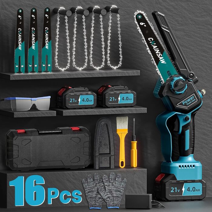 Акумуляторна міні-пила 8000mAh, безщіткова акумуляторна ланцюгова пила 6 дюймів, пила для гілок з автоматичним змащенням, 2 акумулятори 4000mAh, ручна акумуляторна пила сумісна з акумуляторами Makita 18V для різання деревини