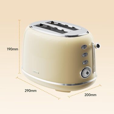 Ретро тостер на 2 тости з нержавіючої сталі – з підставою для булочок, 6 рівнів підсмажування, функція підігріву та розморожування, автовимкнення, кремовий колір, ідеальний для сендвічів та тостів – TS-R008