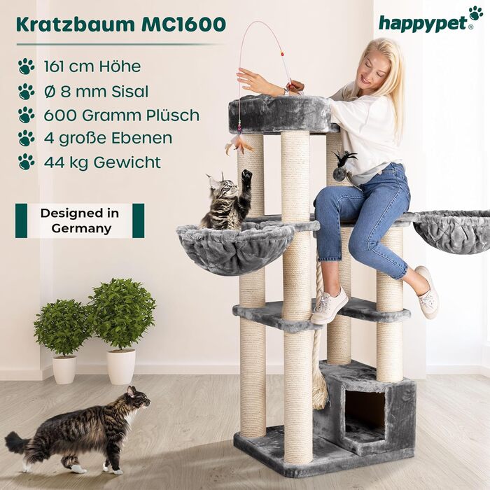 HAPPYPET Дряпка для котів 'Оскар' - 161 см, преміум якість, для великих котів, 47 кг, товсті стовпи (12 см), плюш (600 г), сертифіковане дерево (сірий)